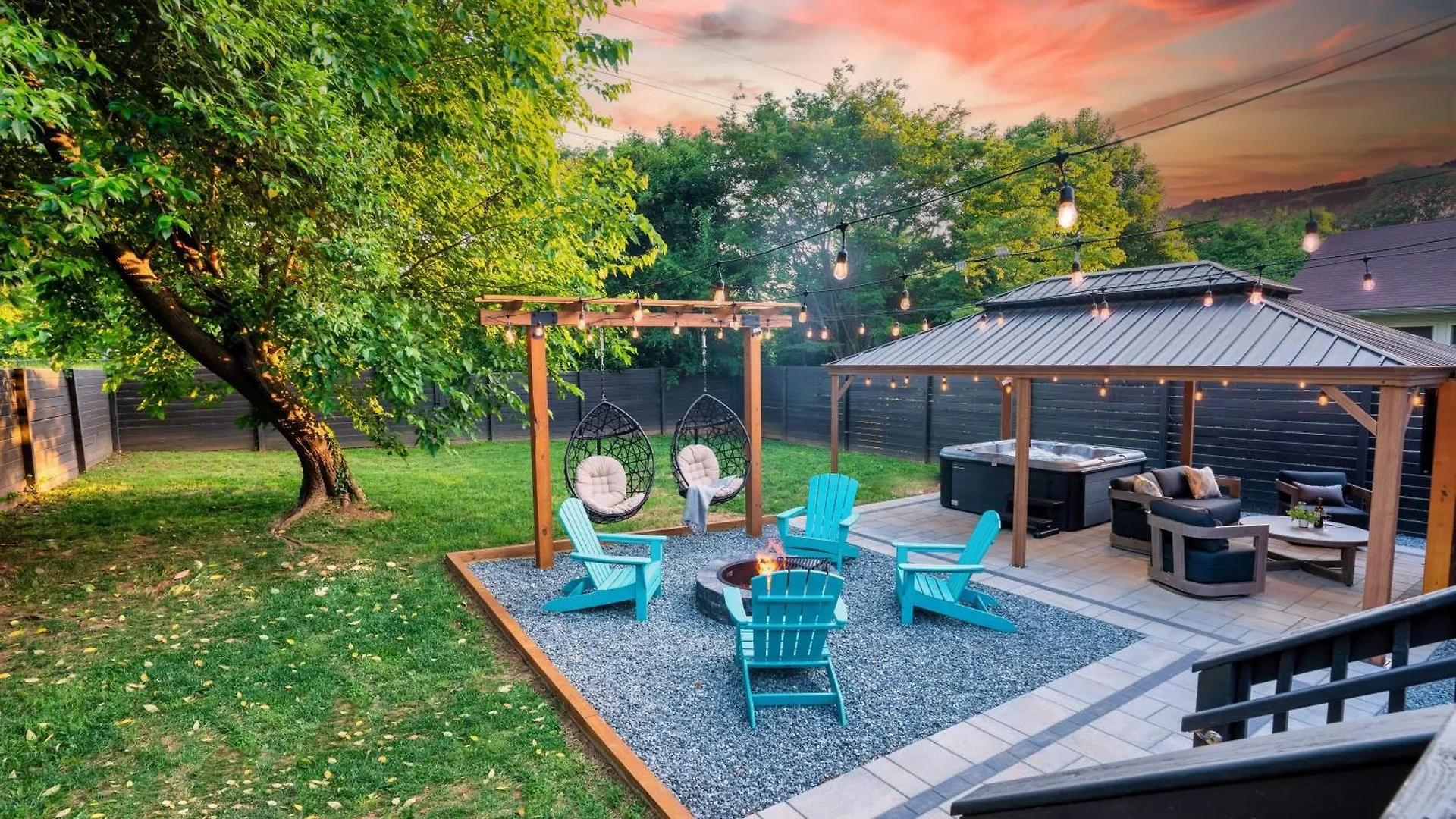 Uptown Oasis, Hot Tub, Swing Chairs, Fire Pit, Gazebo Charlotte