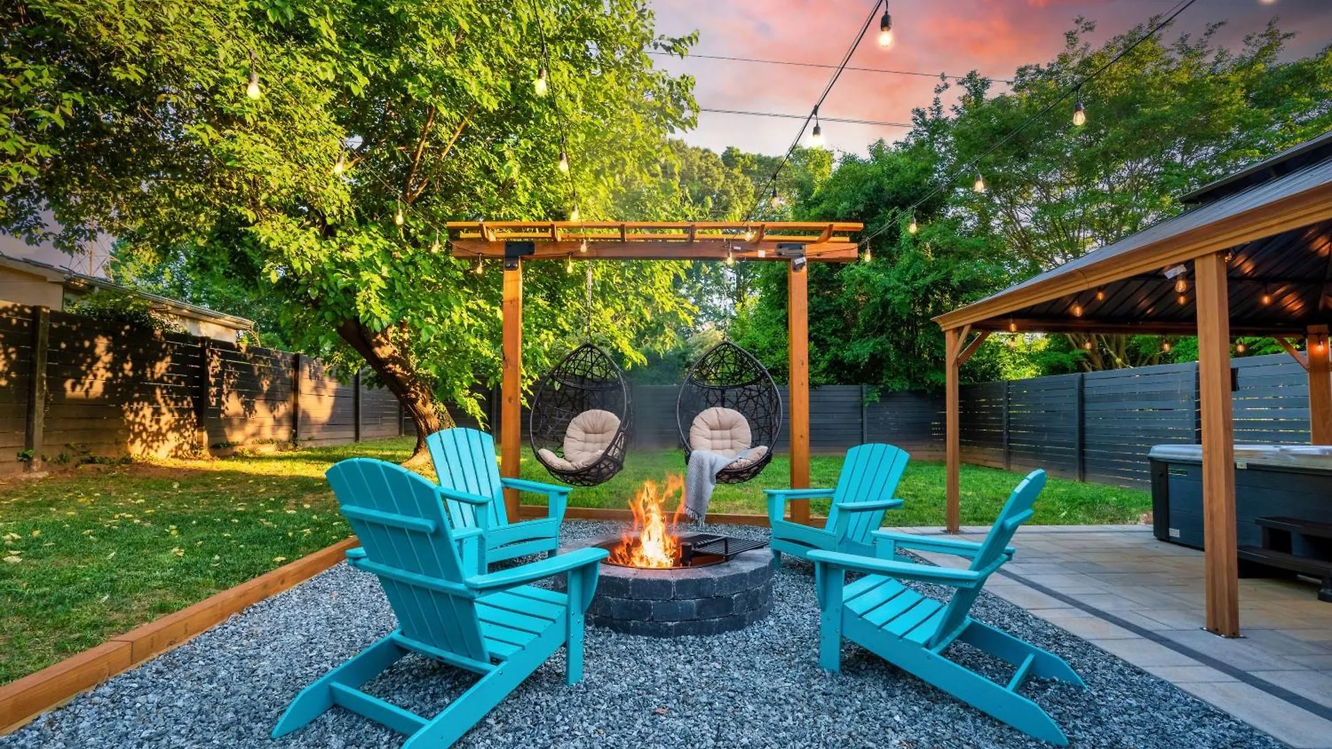 Uptown Oasis, Hot Tub, Swing Chairs, Fire Pit, Gazebo Charlotte